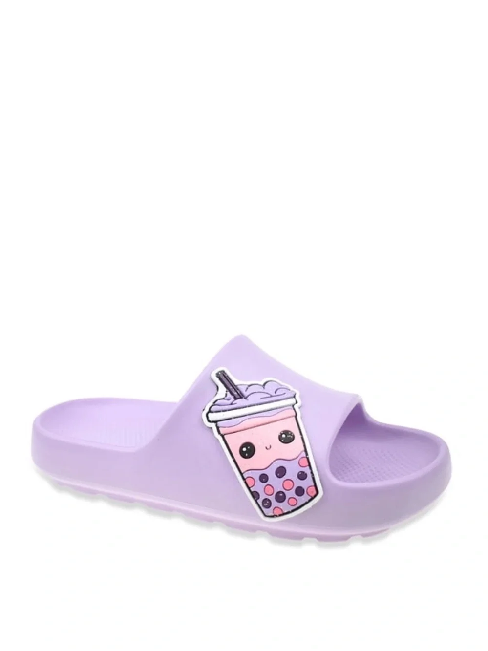 Kids Lavender Slide Sandals with Fun Boba Drink Patch